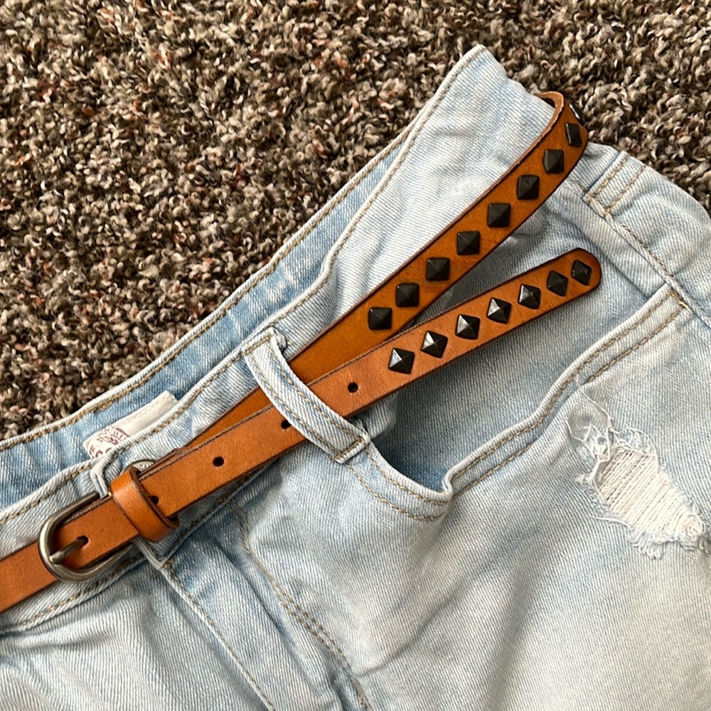 Phanuel Brown Skinny Leather Belt, Luxury Fashion, Metal Studs, One Size